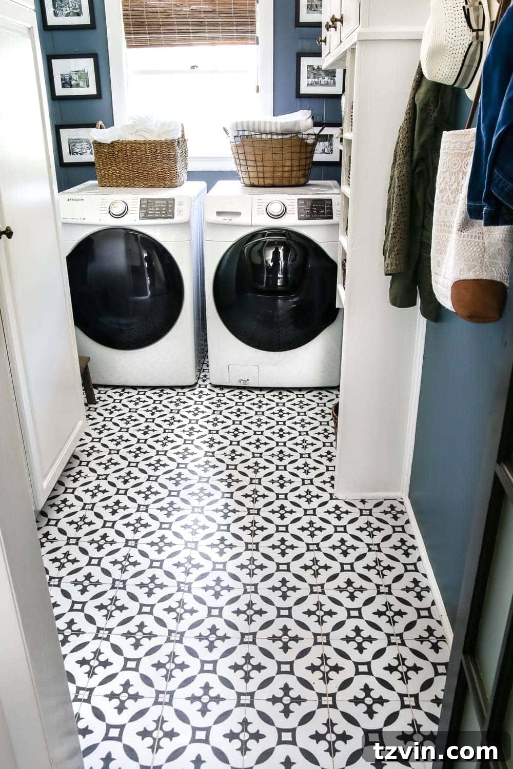 Laundry room with newly installed Moroccan peel and stick vinyl tiles, showcasing the fresh look.