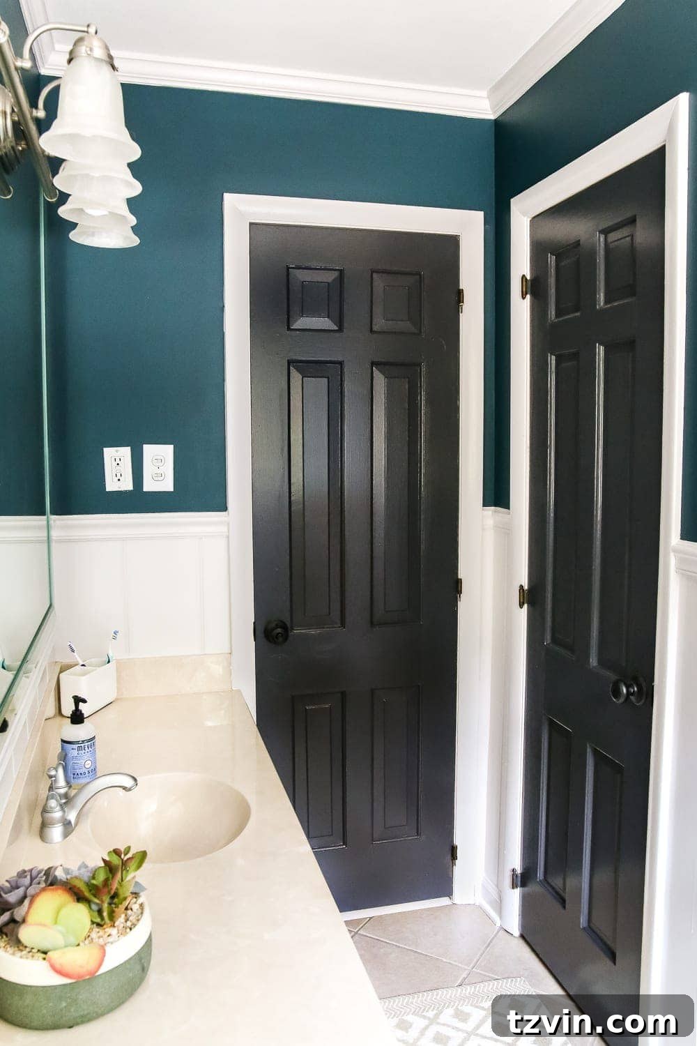 Teal Painted Bathroom Glow Up 5 Teal Painted Bathroom Makeover | blesserhouse.com - A boring, dated beige bathroom gets a fresh teal painted makeover with Magnolia Home Paint in the color Weekend and Ben Moore Simply White and Wrought Iron.