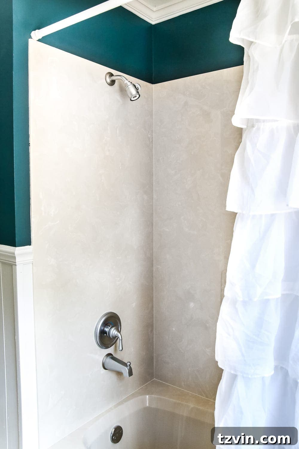 Teal Painted Bathroom Glow Up 7 Teal Painted Bathroom Makeover | blesserhouse.com - A boring, dated beige bathroom gets a fresh teal painted makeover with Magnolia Home Paint in the color Weekend and Ben Moore Simply White and Wrought Iron.