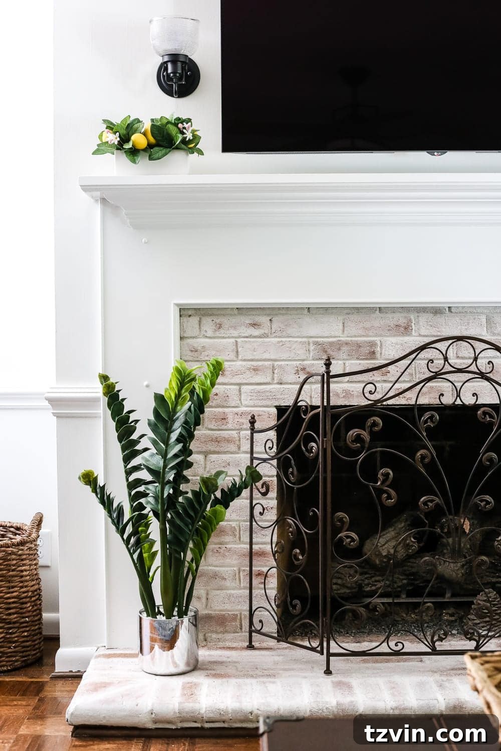 lime washed bricks on a fireplace