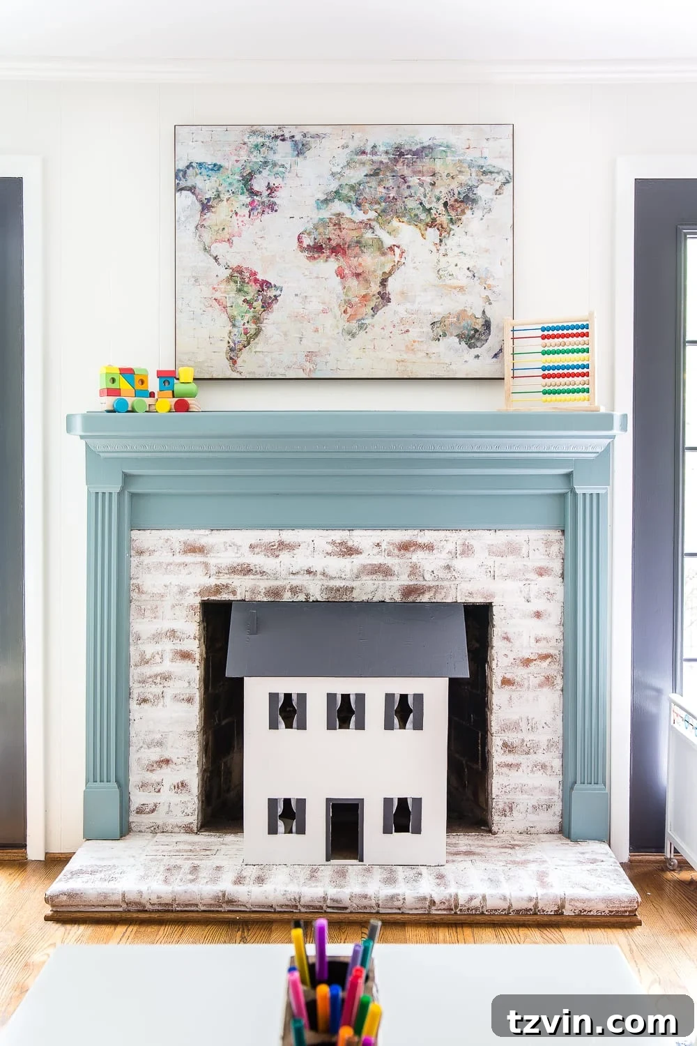 playroom fireplace with dollhouse fireplace screen