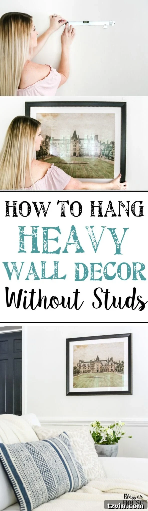 Pin this guide: How to hang heavy wall decor without studs on drywall with minimal damage.