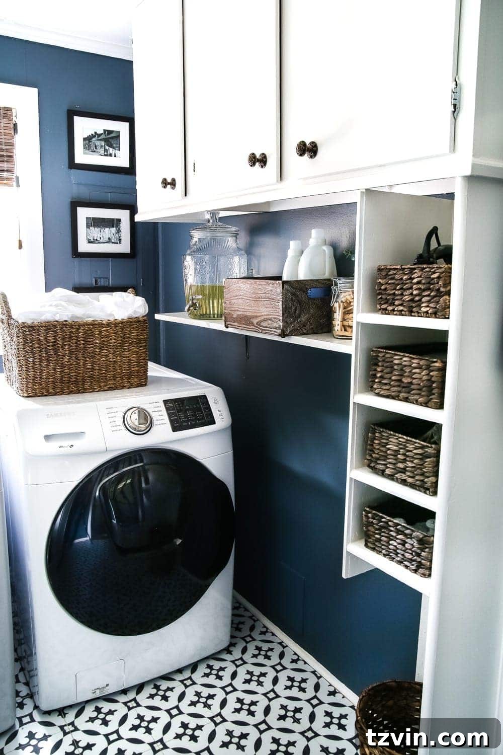 Bold Contrast Laundry Room Transformation 15 Laundry room cubbies filled with dark woven storage baskets, enhancing organization and style.