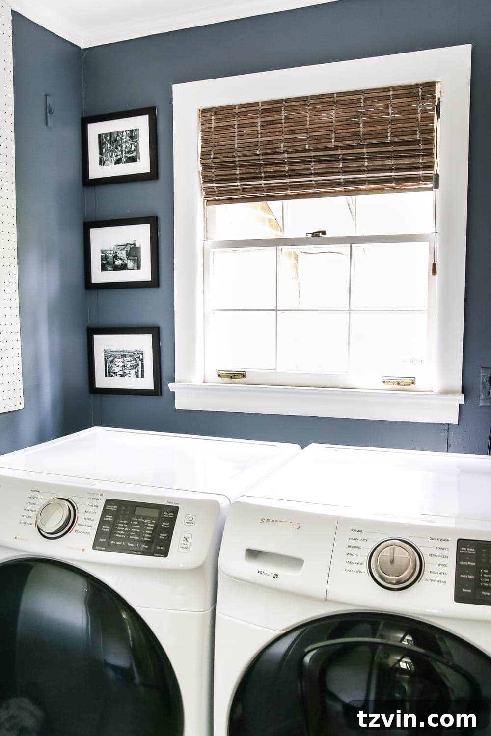 Bold Contrast Laundry Room Transformation 23 Natural woven Roman shade over a window in a high-contrast laundry room, adding texture and warmth.