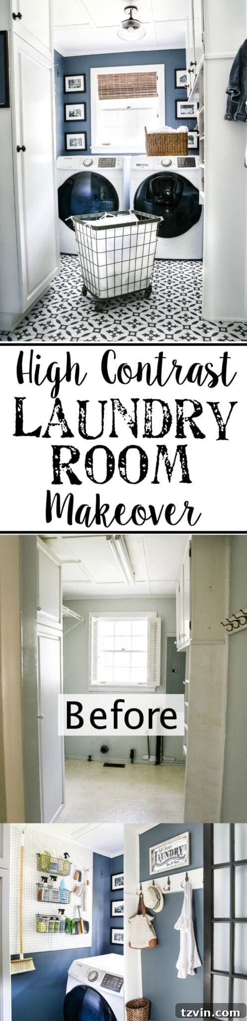 Bold Contrast Laundry Room Transformation 25 Pinterest pin for High Contrast Laundry Room Makeover, featuring navy and white design, organization tips, and DIY projects.