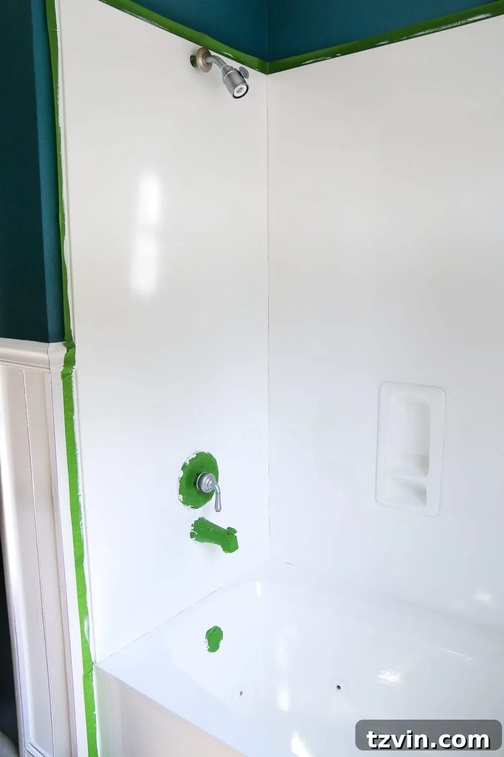 Transform Your Bathroom Counter with Paint 20 painted tub and shower using a tub and tile refinishing kit in progress
