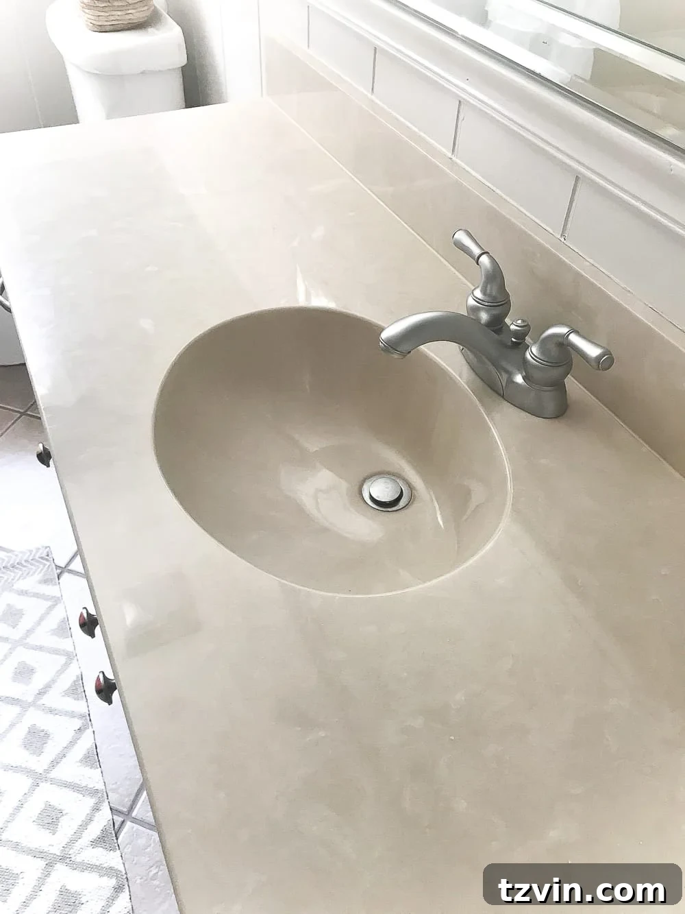 Transform Your Bathroom Counter with Paint 4 old beige countertop before painting to a bright white