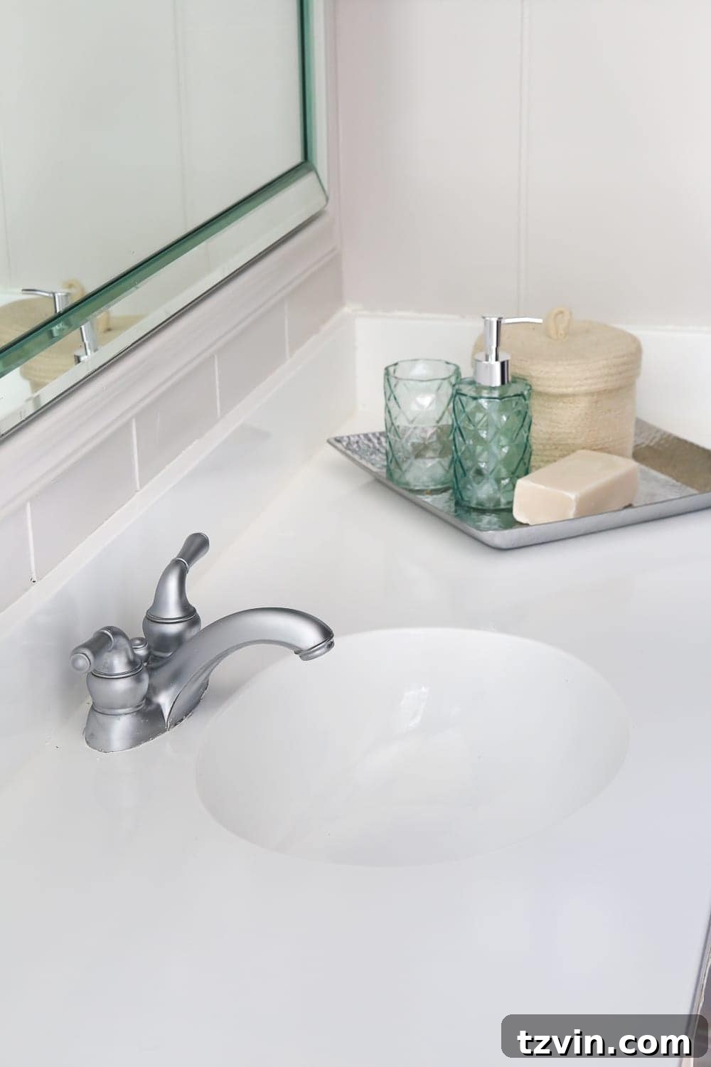Transform Your Bathroom Counter with Paint 5 white painted bathroom countertop using Rustoleum Tub and Tile epoxy paint
