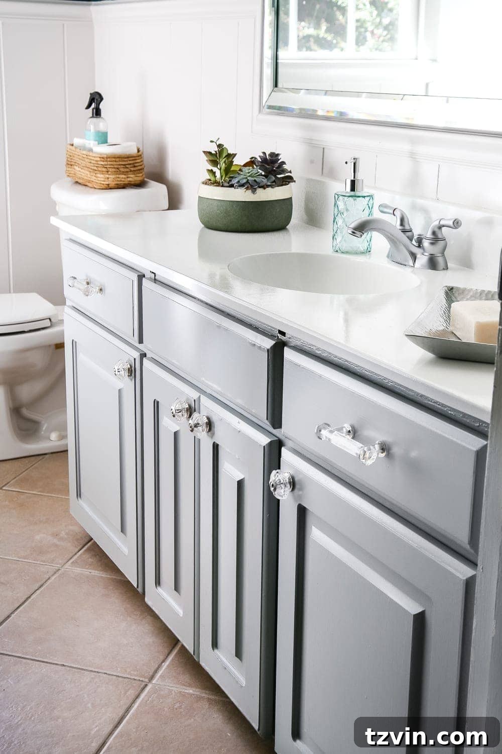 Painted Bathroom Sink and Countertop with Coventry Gray Cabinets - DIY solution for an updated vanity area.
