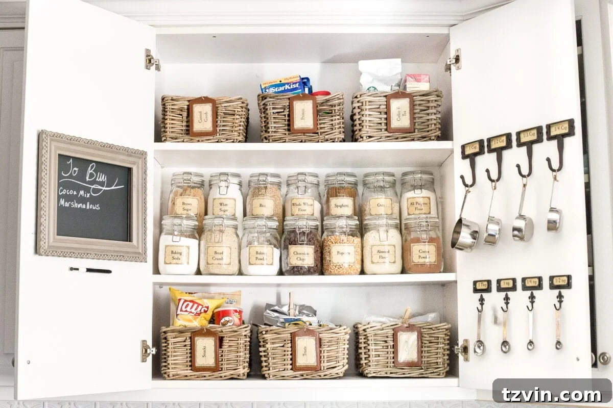 Pantry Cabinet Organization and Free Printable Label Set | blesserhouse.com - A cabinet gets a drastic organization makeover using inexpensive IKEA jars / baskets, hanging storage, and a free pantry label printable set. #organization 