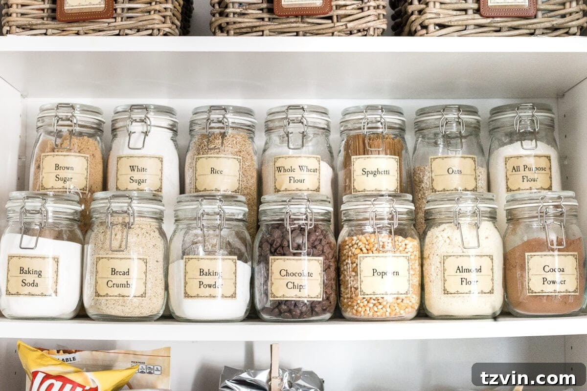 Pantry Cabinet Organization and Free Printable Label Set | blesserhouse.com - A cabinet gets a drastic organization makeover using inexpensive IKEA jars / baskets, hanging storage, and a free pantry label printable set. #organization 