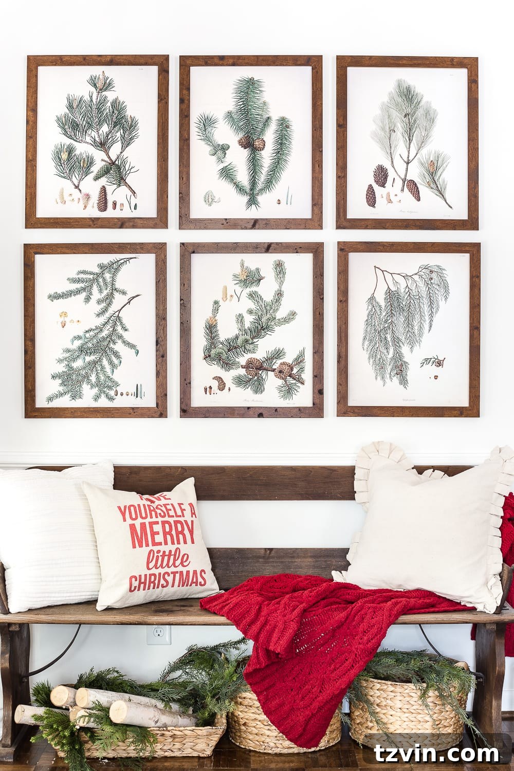 Winter Botanical Printable Wall Art Set 3 Close-up of framed winter evergreen botanical prints on a gallery wall