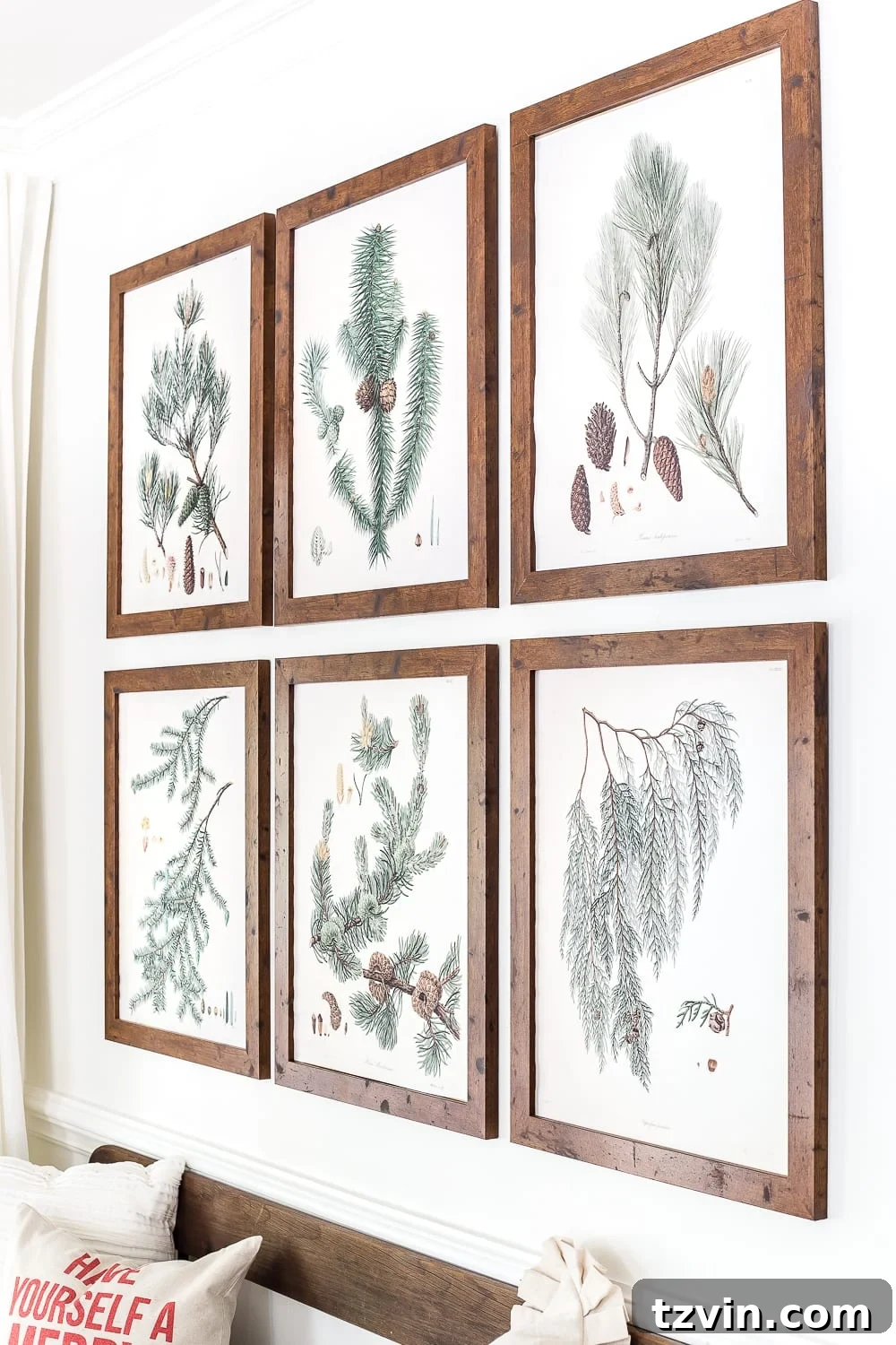 Winter Botanical Printable Wall Art Set 4 Elegant white entryway with bench and framed botanical prints