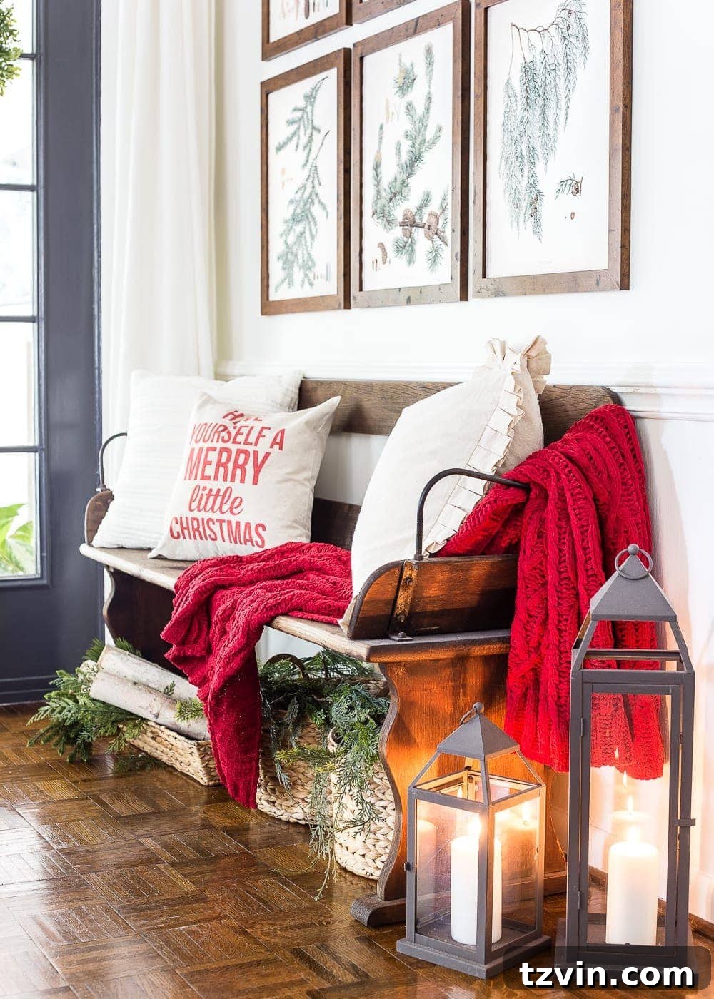 Winter Botanical Printable Wall Art Set 5 Christmas entryway bench decorated with throw, pillows, and framed art