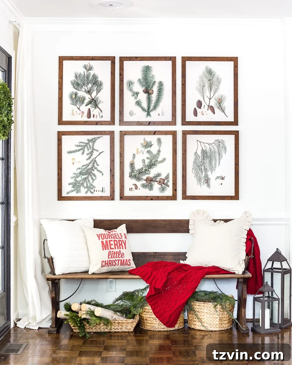 Winter Botanical Printable Wall Art Set 8 Festive Christmas entryway decor featuring lanterns and baskets