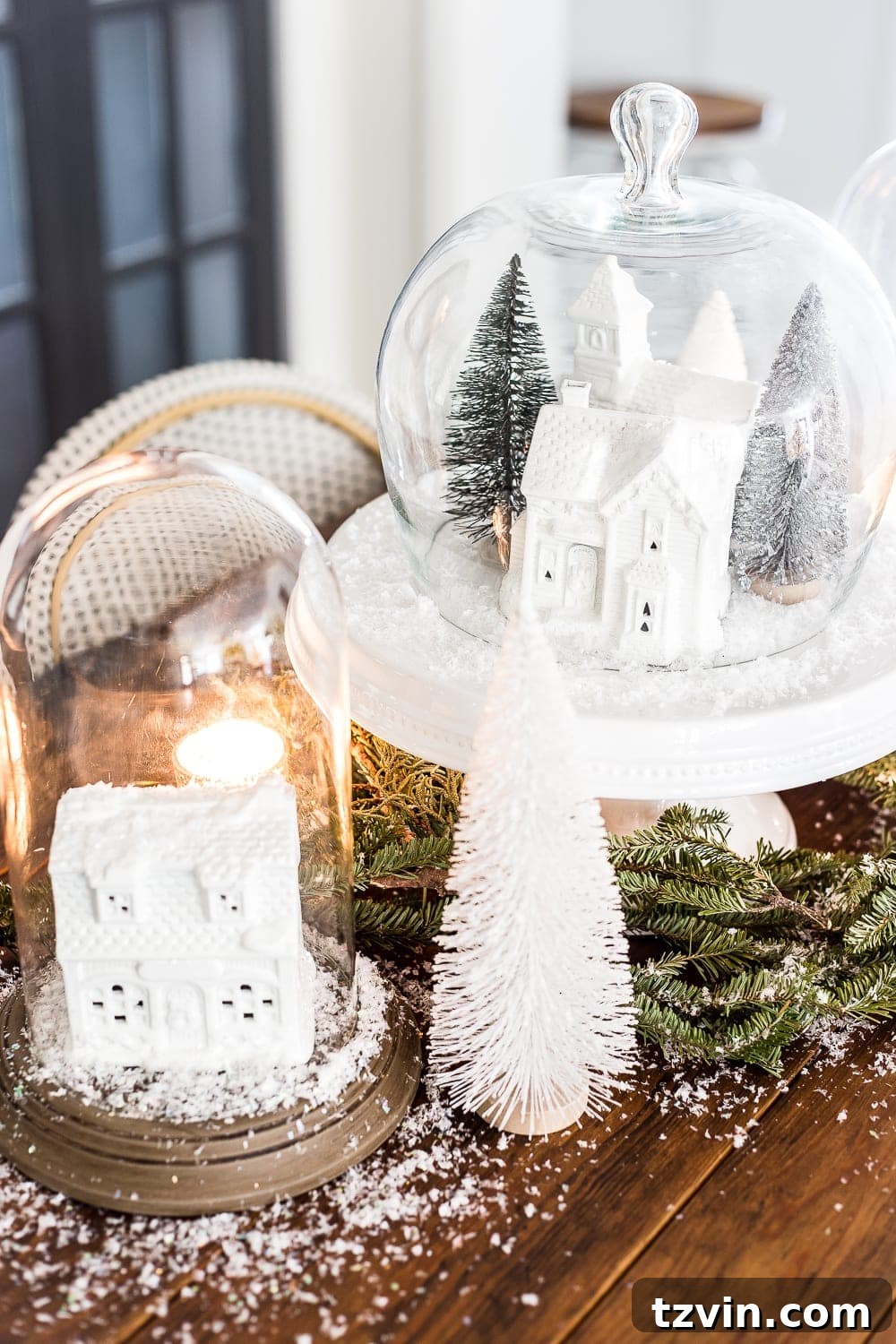 Another perspective of the DIY Christmas snow globe centerpiece, highlighting its unique charm and festive appeal.