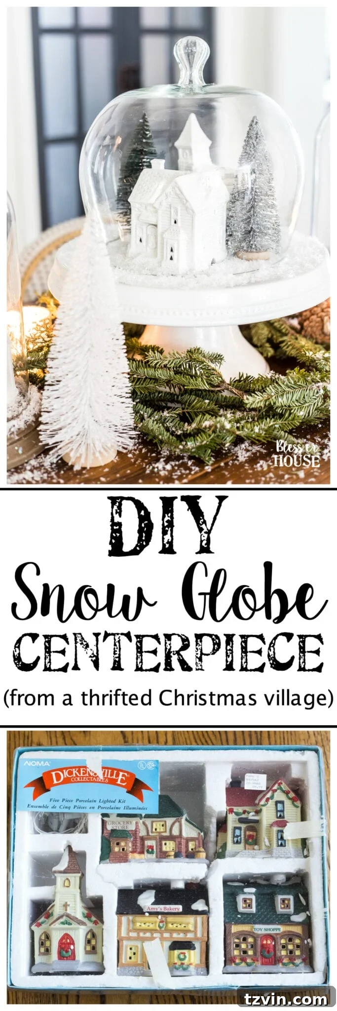 Pin this post: DIY Christmas Village Snow Globe Centerpiece from thrift store finds.