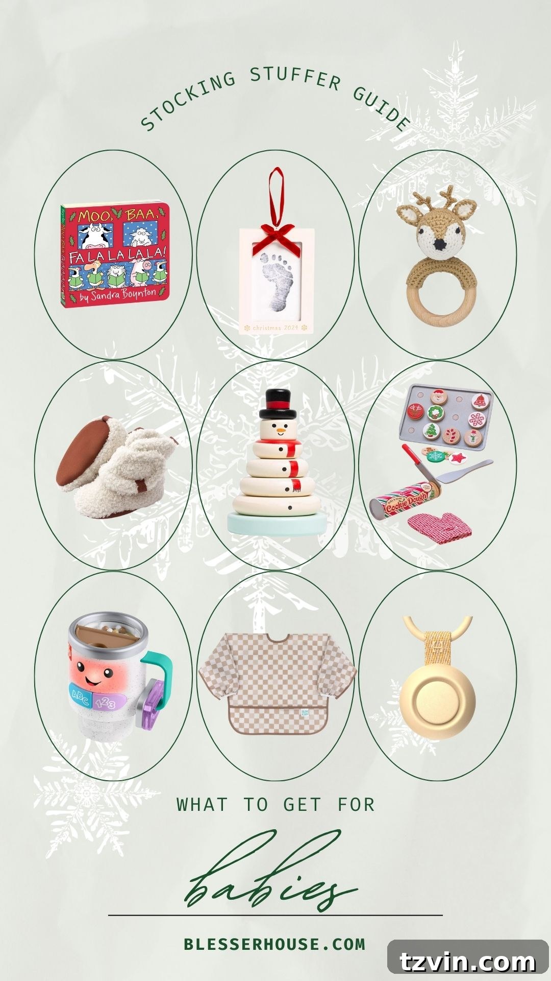 A charming arrangement of the best stocking stuffers for babies and toddlers, including 'Moo Baa Fa La La La La' book, Custom Baby Print Ornament, Reindeer Teether/Rattle, Fleece Booties, Snowman Stacker, Play Cookie Set, Laugh & Learn Coffee Mug, Sleeved Bib, and Hatch Portable Sound Machine.