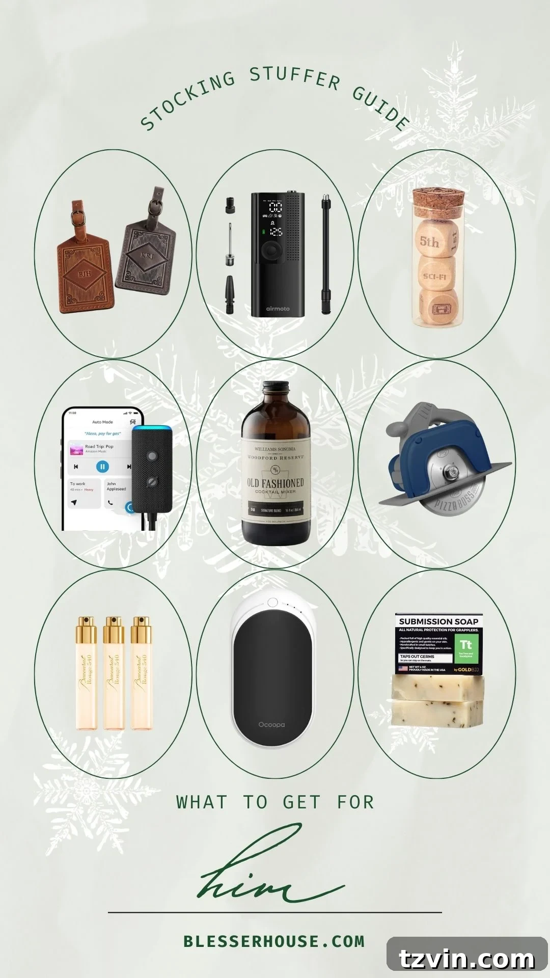 A collection of the best stocking stuffers for men, including custom luggage tags, a portable tire inflator, streaming dice, Echo Auto, an old fashioned mixer, a saw pizza cutter, cologne sampler, rechargeable hand warmer, and submission soap, against a rustic backdrop.