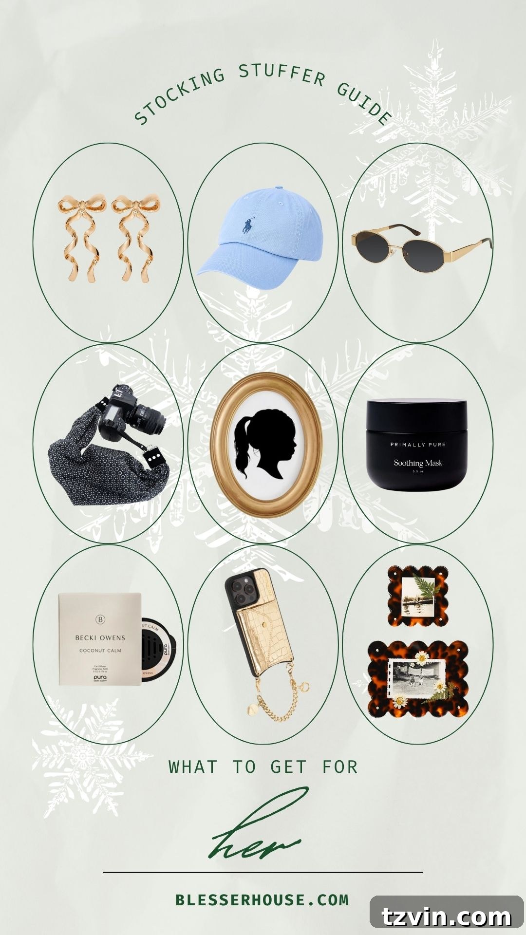 A selection of best stocking stuffers for women, including bow earrings, a Polo cap, retro oval sunglasses, a hidden pocket scarf camera strap, a custom silhouette portrait, Primally Pure soothing mask, Pura car diffuser, Bandolier wristlet, and a tortoise frame, beautifully arranged.