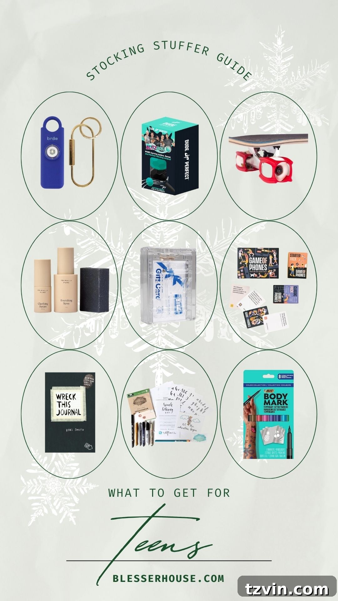 A vibrant display of stocking stuffer ideas for teens and preteens, featuring a She’s Birdie Personal Safety Alarm, Dude Perfect Blitz Ball, Skateboard Trainers, Primally Pure Teen Skincare Set, Gift Card Puzzle Box, Game of Phones, Wreck This Journal, Calligraphy Kit, and Body Mark Temporary Tattoo Pens.