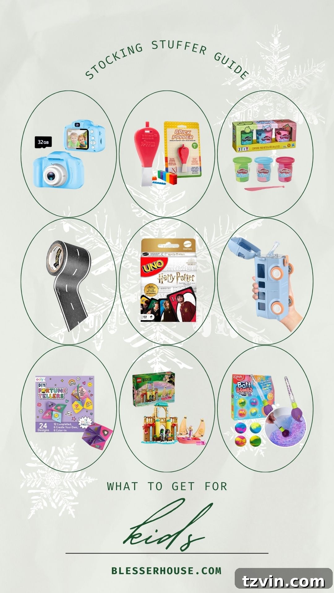 A charming collection of the best stocking stuffers for kids, including a Kids’ Digital Camera, LEGO Brick Popper, Play-Doh Scents Set, Road Tape, Harry Potter Uno, Bus Bottle, DIY Fortune Teller Kit, LEGO Wicked Play Set, and Baff Bombz Magic Brush, arranged on a whimsical background.