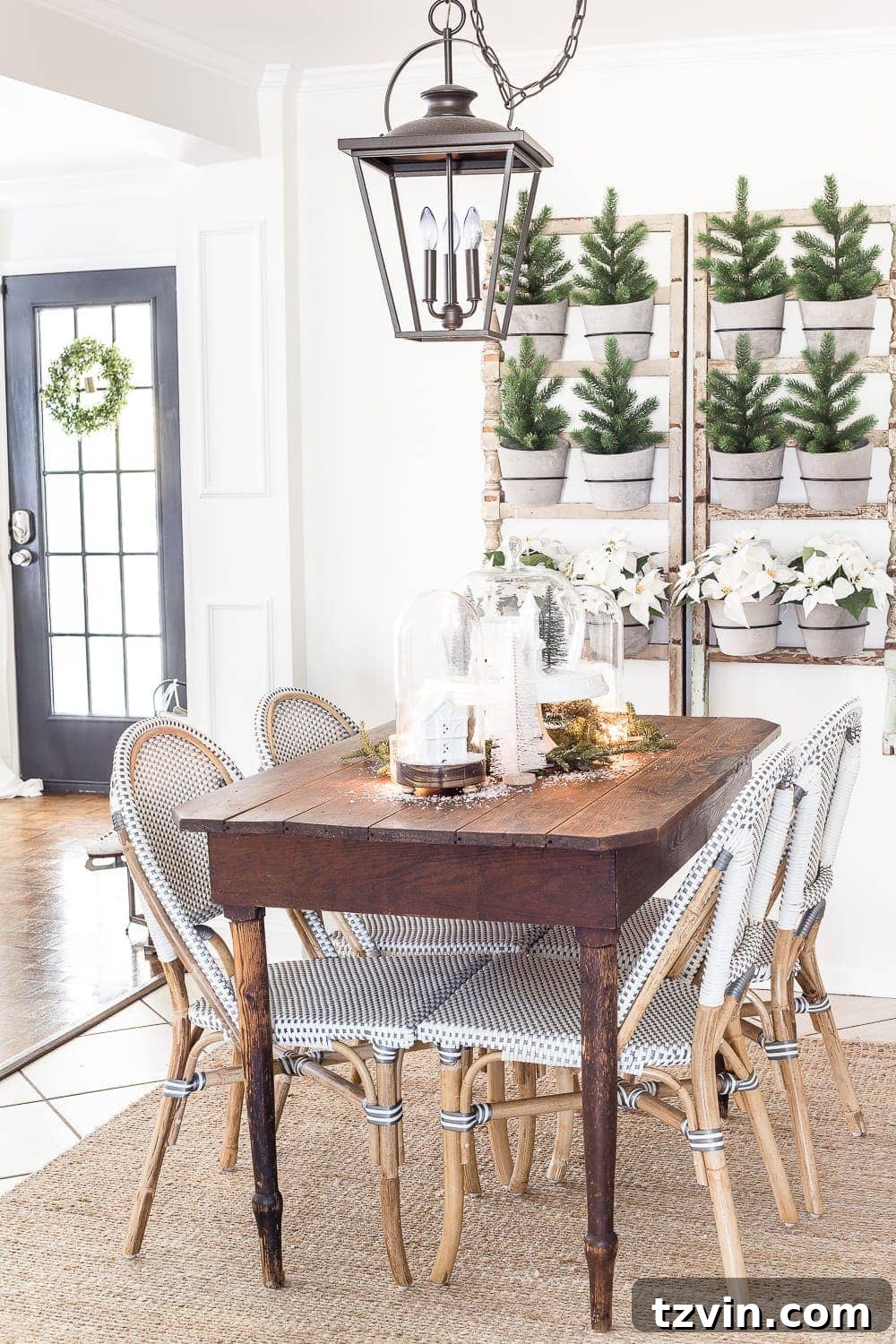 Overview of a serene Christmas breakfast nook, featuring neutral tones, natural wood, and subtle holiday decorations.