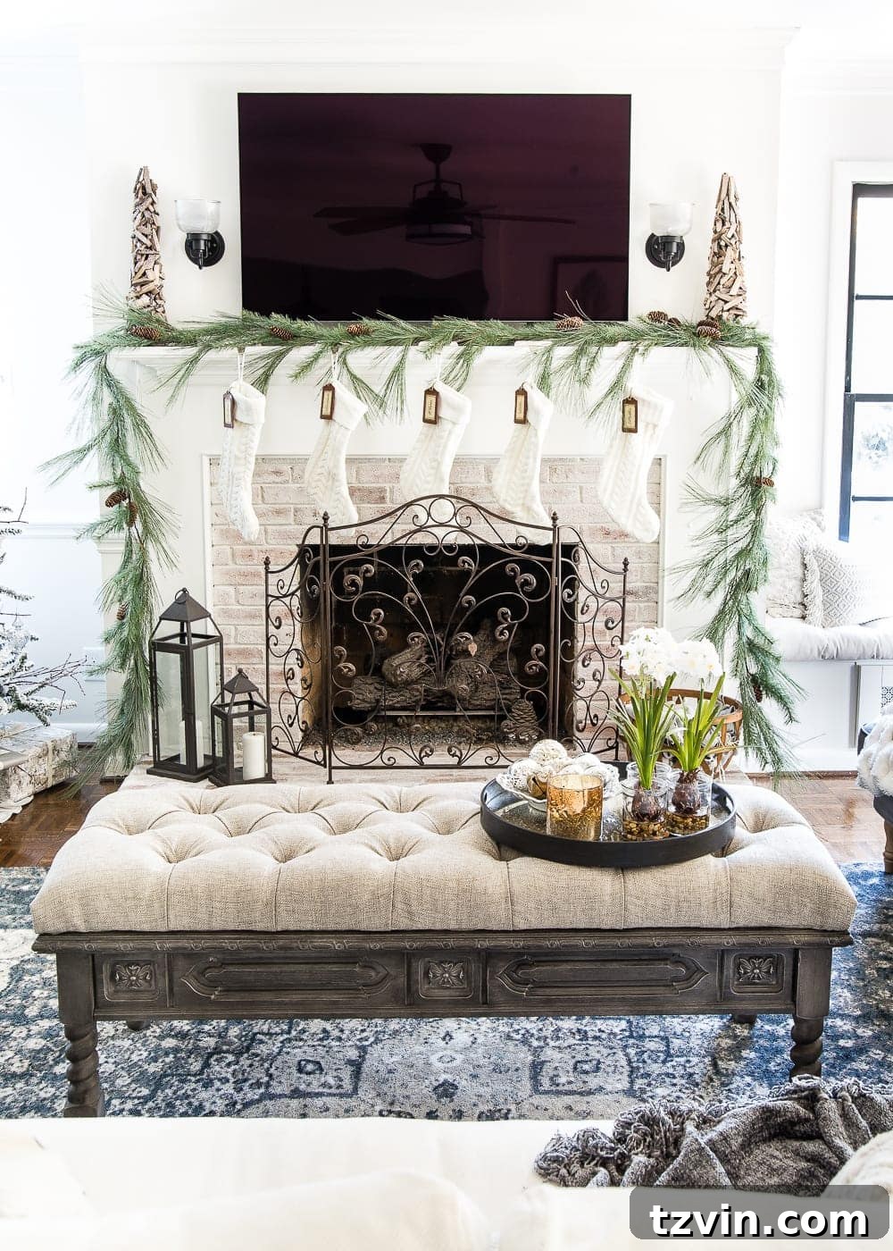Close-up of the completed tufted ottoman bench in a living room setting