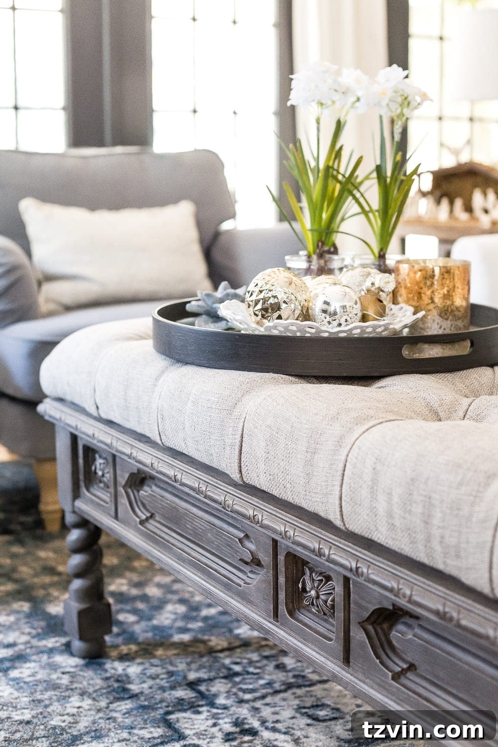 Stylish tufted ottoman bench with weathered wood base