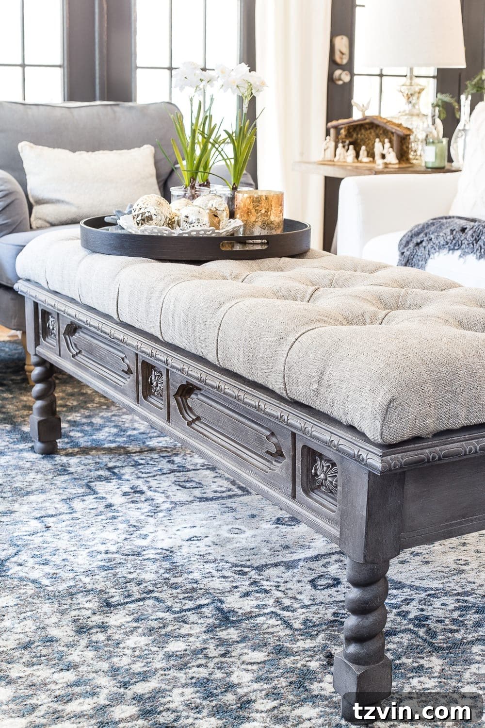 Front view of the repurposed DIY ottoman bench