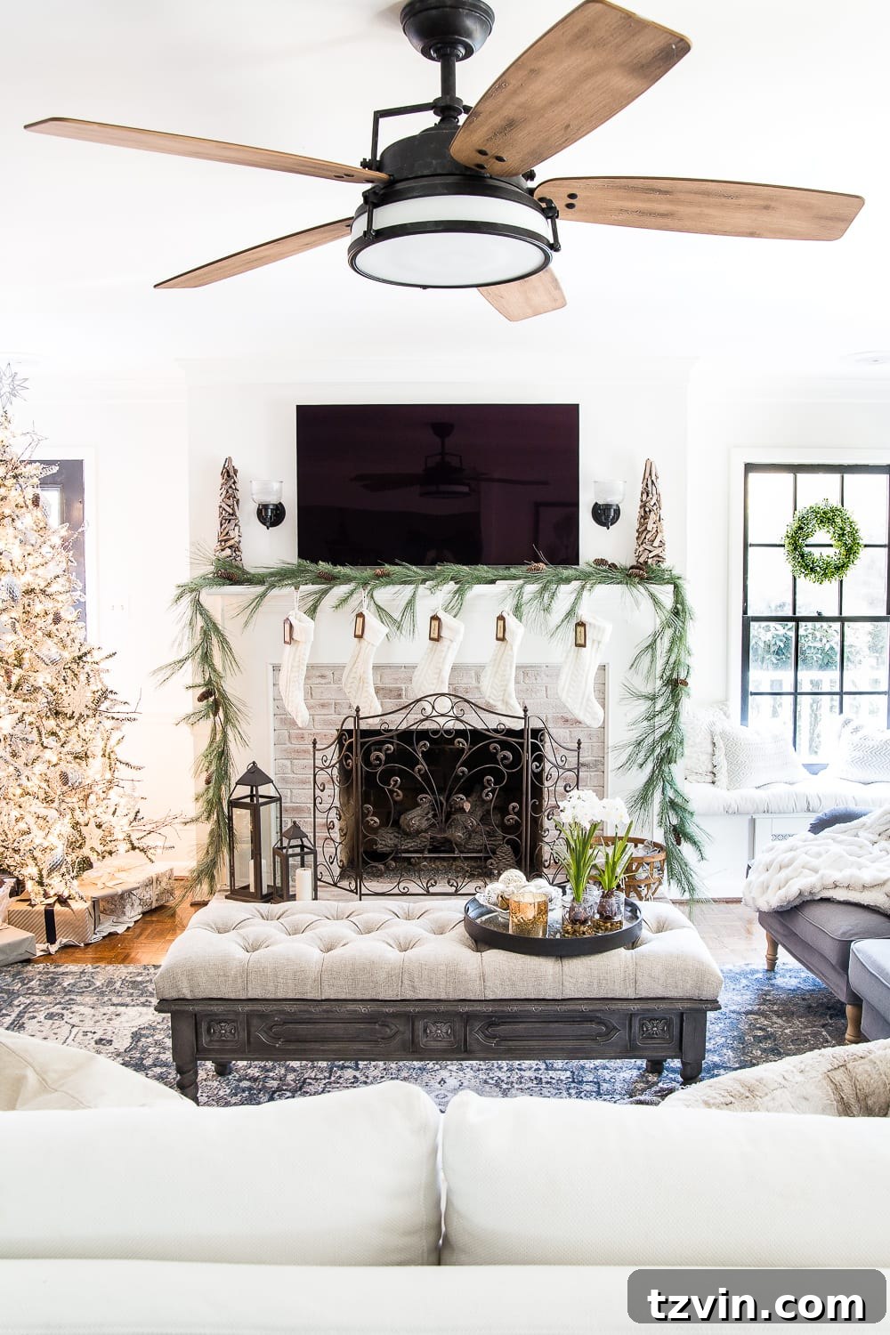 Living room scene with the DIY tufted ottoman bench as a focal point