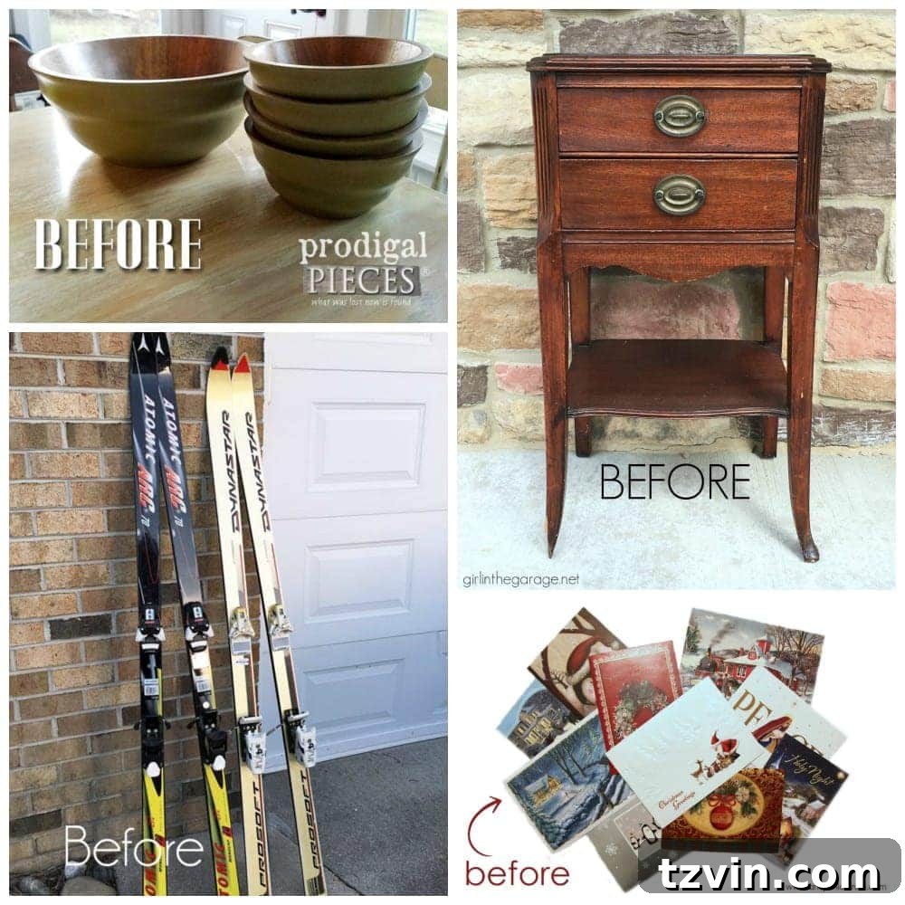 Collage of various repurposed furniture projects from DIY bloggers