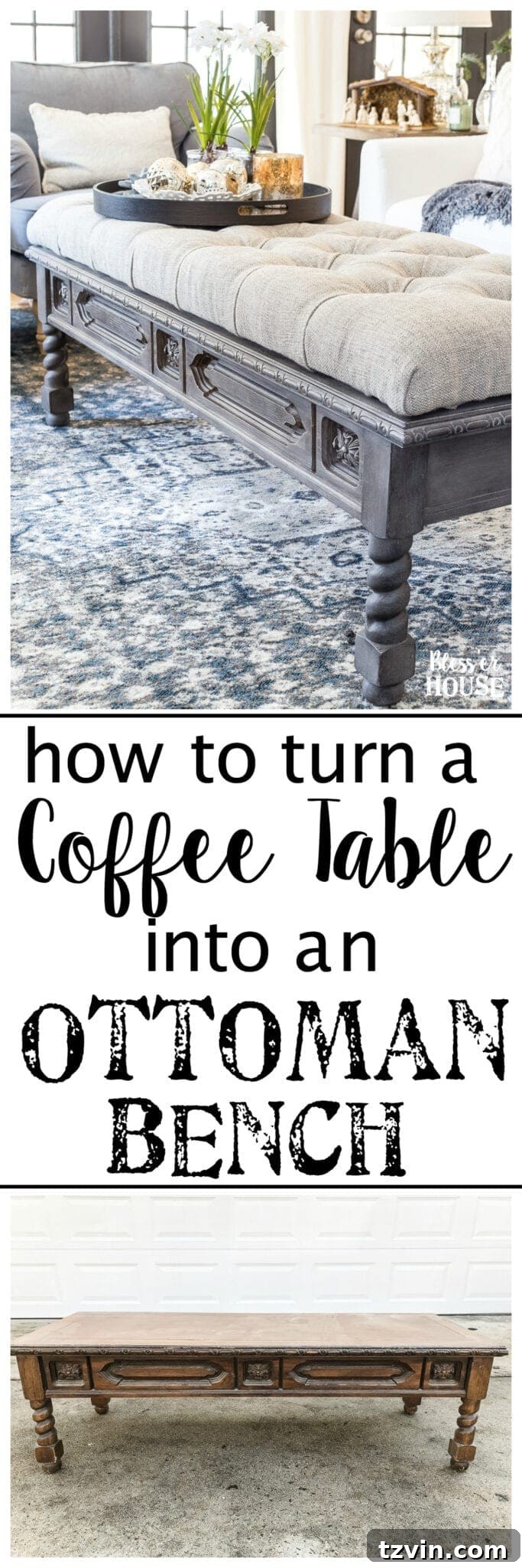 Pinterest Pin: DIY Tufted Ottoman Bench from Repurposed Coffee Table