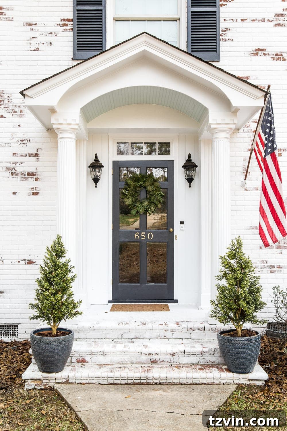 winter front porch stoop on a colonial house