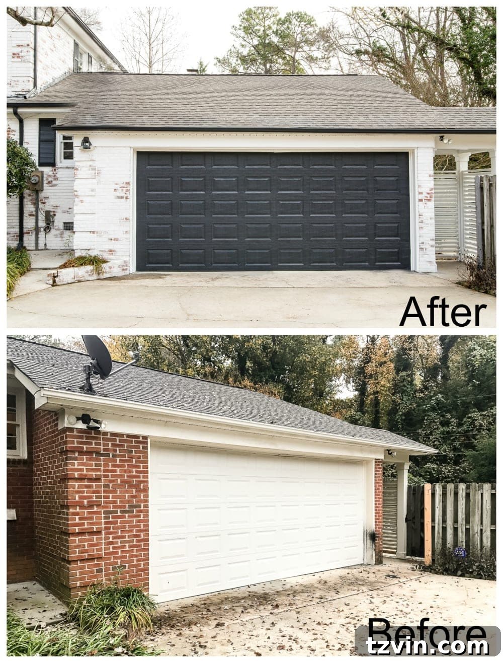 limewash brick before and after with black garage door