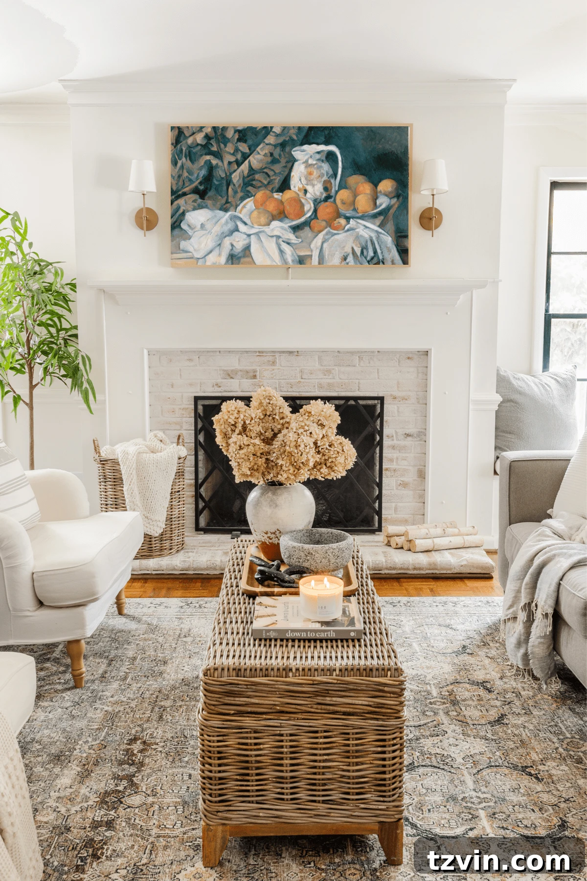 limewashed fireplace in a living room with a Samsung Frame TV