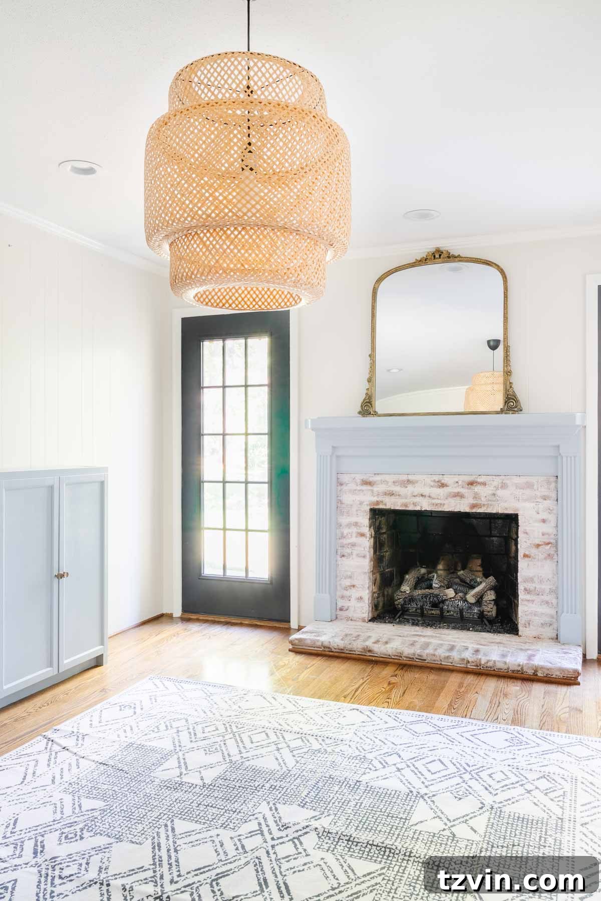 limewashed fireplace in a playroom