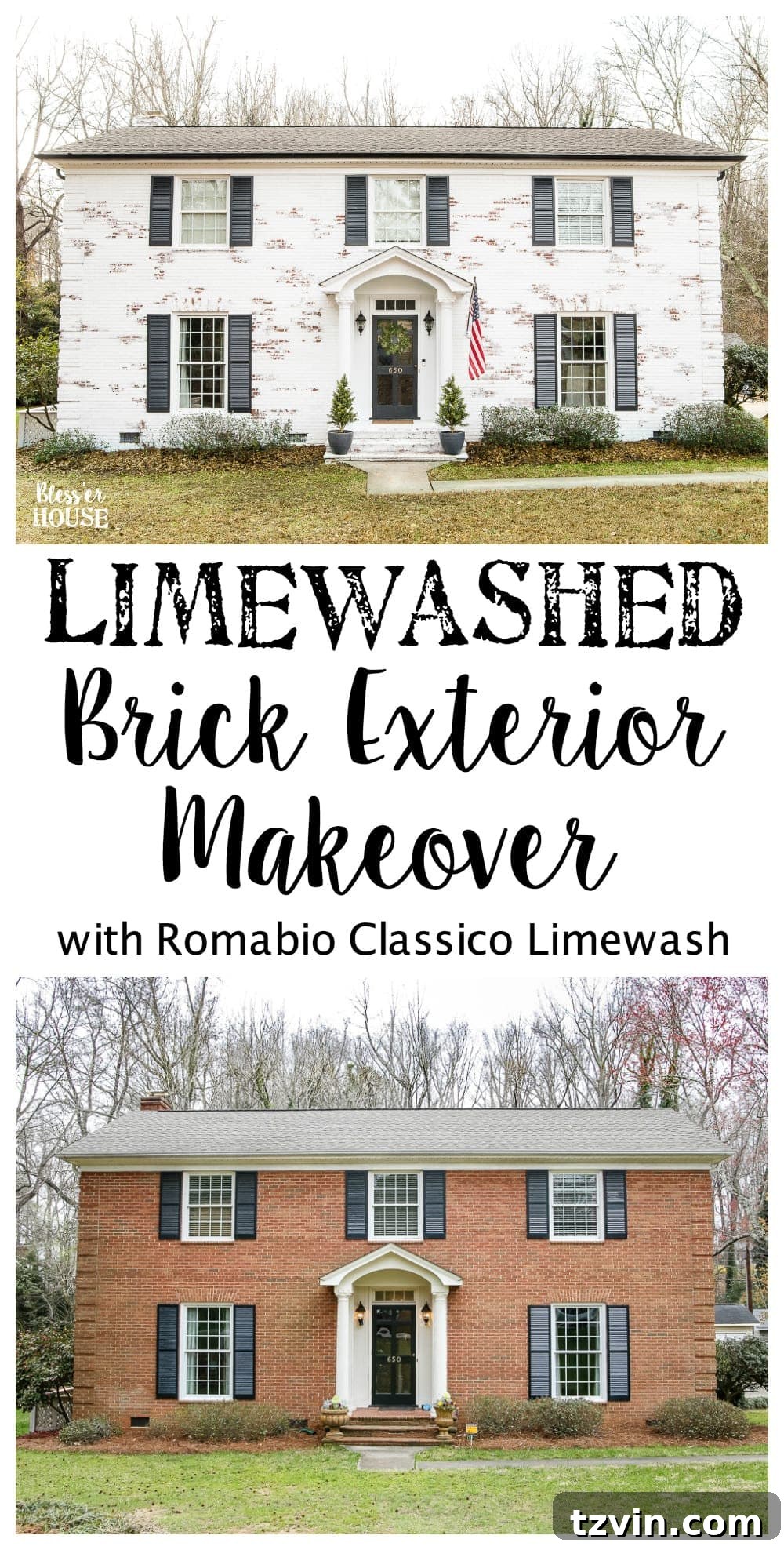 Limewashed Brick Exterior Makeover Reveal | blesserhouse.com - A brick fixer upper colonial house gets a limewashed brick exterior makeover using Romabio Classico Limewash in Bianco White. #limewashedbrick #exteriormakeover #curbappeal #exteriorpaint