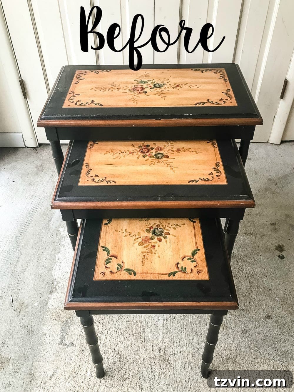 Faux Bone Inlay Nesting Table Revival 2 Faux Bone Inlay Nesting Tables Makeover | blesserhouse.com - How to stencil furniture to look like an Indian bone inlay Anthropologie piece plus more thrift store furniture makeover ideas. #furnituremakeover #knockoff #thrift #stencil
