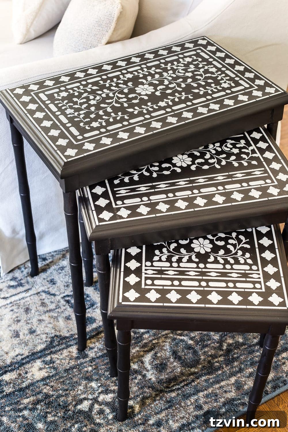 Faux Bone Inlay Nesting Table Revival 11 Faux Bone Inlay Nesting Tables Makeover | blesserhouse.com - How to stencil furniture to look like an Indian bone inlay Anthropologie piece plus more thrift store furniture makeover ideas. #furnituremakeover #knockoff #thrift #stencil