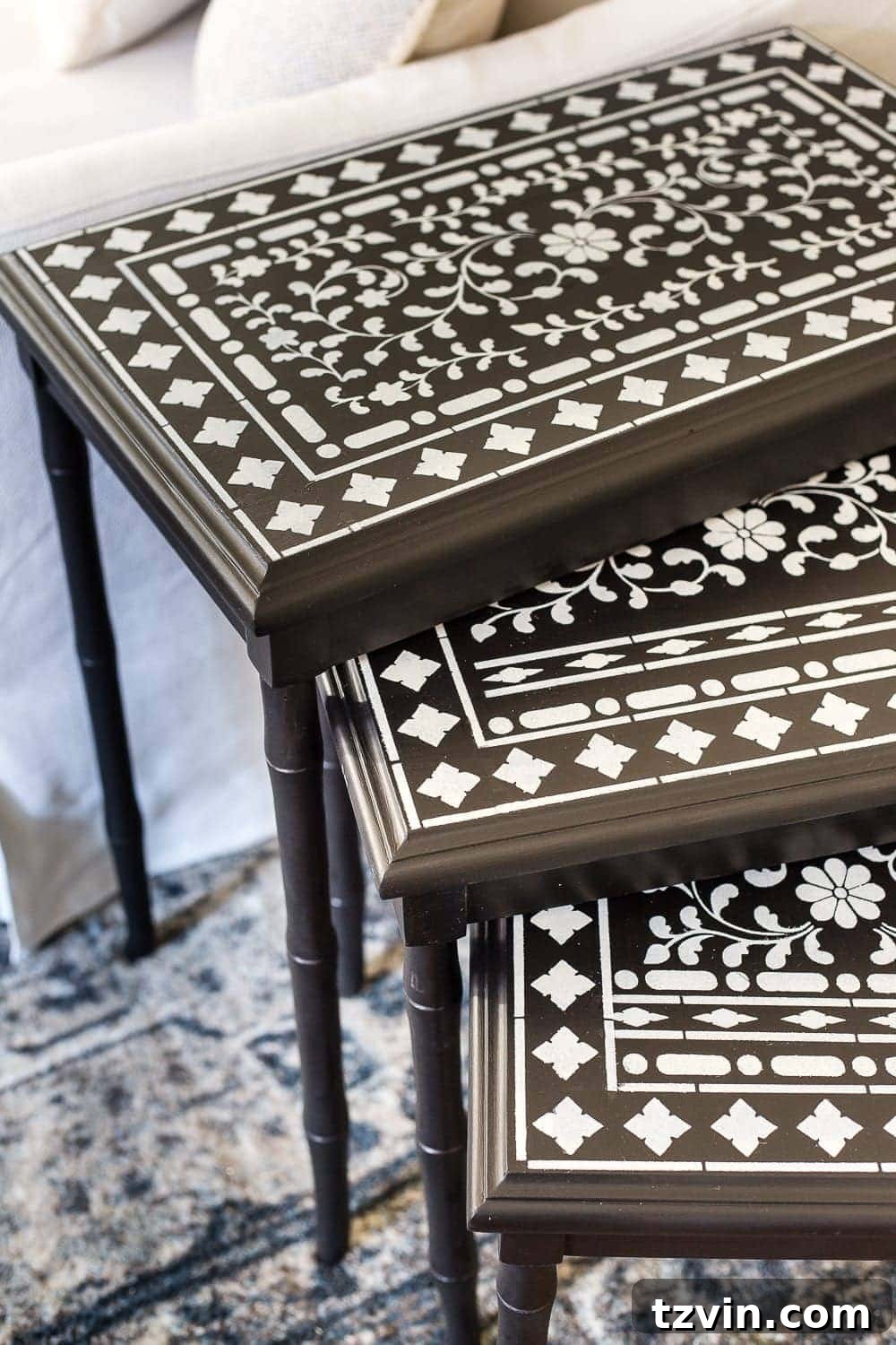 Faux Bone Inlay Nesting Table Revival 12 Faux Bone Inlay Nesting Tables Makeover | blesserhouse.com - How to stencil furniture to look like an Indian bone inlay Anthropologie piece plus more thrift store furniture makeover ideas. #furnituremakeover #knockoff #thrift #stencil