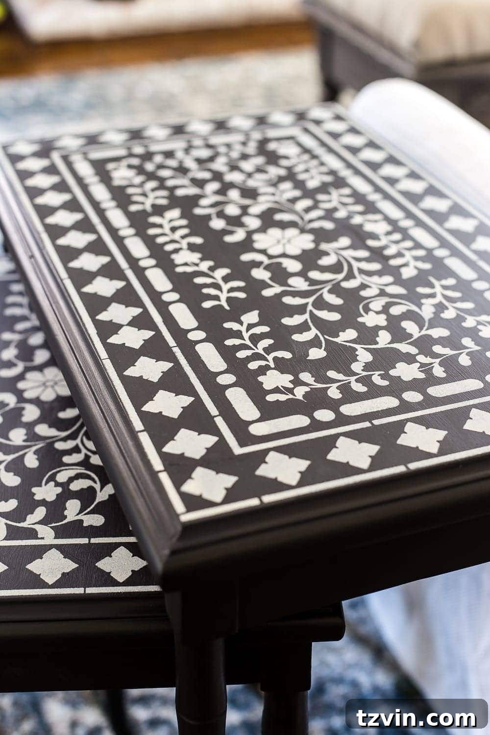 Faux Bone Inlay Nesting Table Revival 13 Faux Bone Inlay Nesting Tables Makeover | blesserhouse.com - How to stencil furniture to look like an Indian bone inlay Anthropologie piece plus more thrift store furniture makeover ideas. #furnituremakeover #knockoff #thrift #stencil