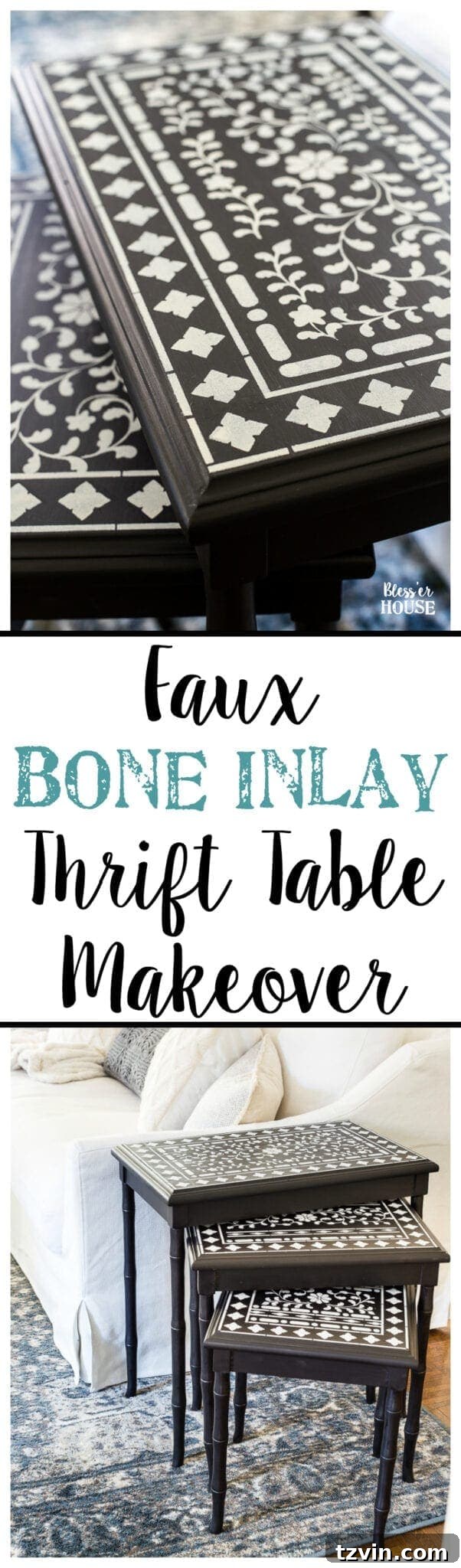 Faux Bone Inlay Nesting Table Revival 15 Faux Bone Inlay Nesting Tables Makeover | blesserhouse.com - How to stencil furniture to look like an Indian bone inlay Anthropologie piece plus more thrift store furniture makeover ideas. #furnituremakeover #knockoff #thrift #stencil