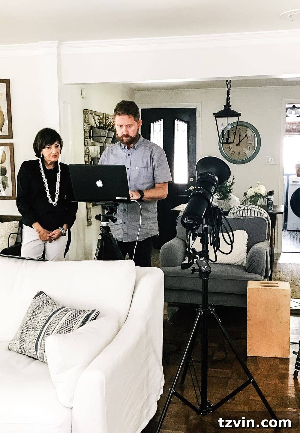Behind the Scenes with Better Homes and Gardens 4 Stylist Sandi and photographer Lincoln on set during the Better Homes and Gardens magazine photoshoot, capturing the perfect shot of the DIY window seat feature. #bhgphotoshoot #stylistlife #photographysetup #homefeature