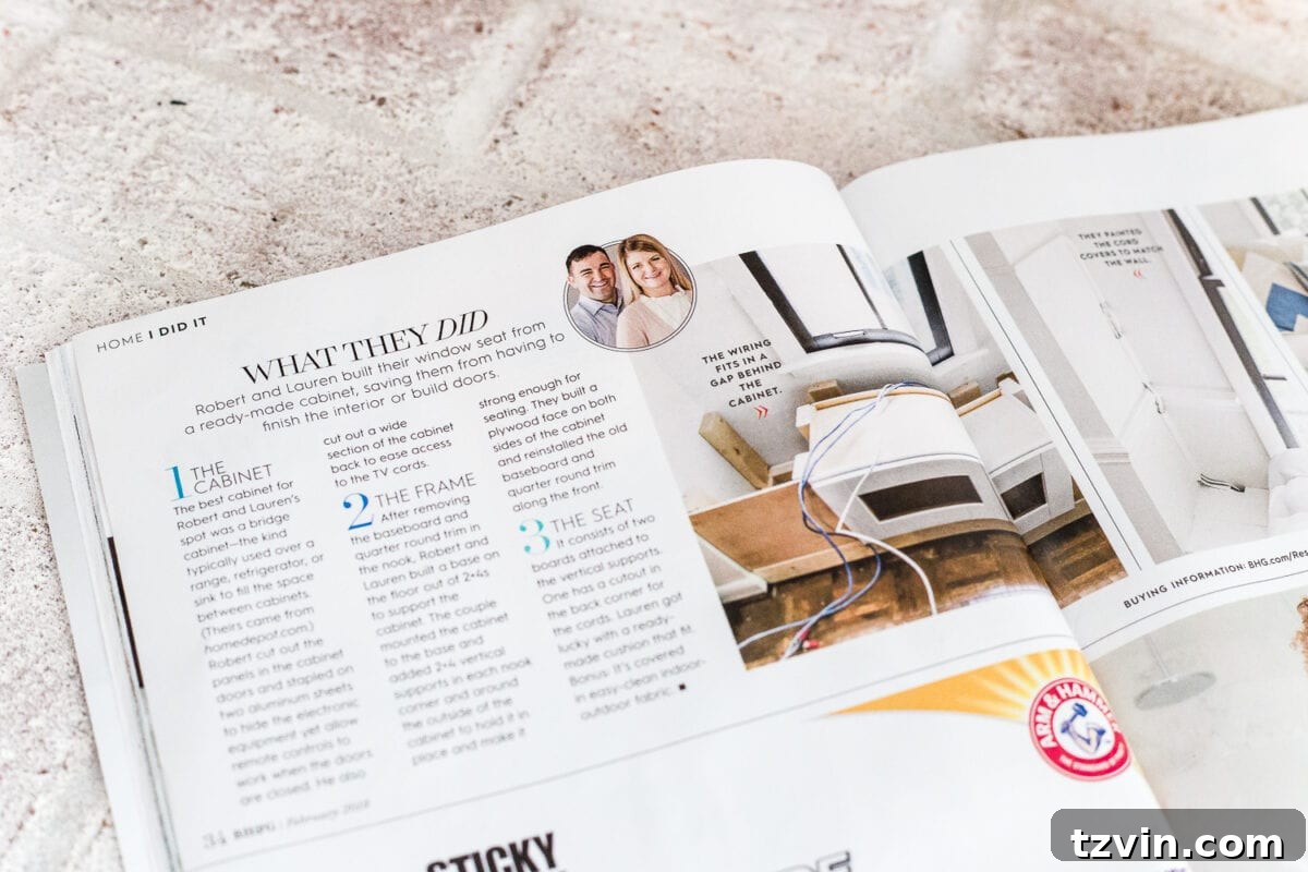 Behind the Scenes with Better Homes and Gardens 8 The full magazine spread of the Blesser House DIY window seat in Better Homes and Gardens, showcasing stylish decor and practical storage solutions. #BHGmagazine #DIYproject #homedesign #interiorinspiration