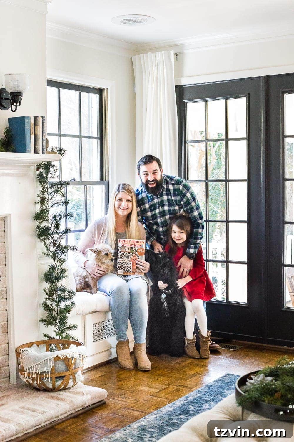 Behind the Scenes with Better Homes and Gardens 10 A candid family photo on the Blesser House window seat, featuring pets Lola and Stella, showcasing the real, lived-in charm of a home after a professional magazine photoshoot. #familylife #realhome #petsandkids #blesserhousefamily