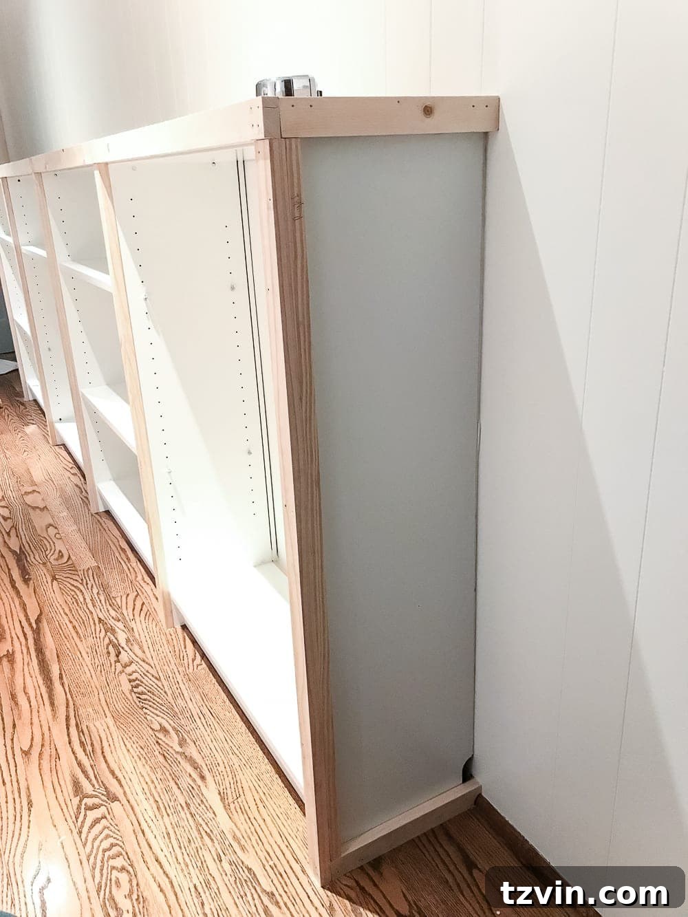 Custom Playroom Library Corner 18 Side view of the IKEA Billy built-in after adding front 1x2 boards and addressing gaps.