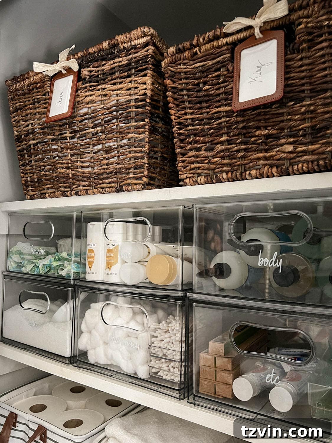 Flawless Bathroom Linen Closet Organization Ideas 11 pair of baskets storing sheets on linen closet shelving