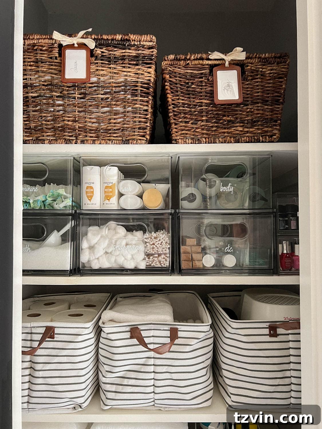 Flawless Bathroom Linen Closet Organization Ideas 13 pair of baskets storing bedsheets and clear bins storing soaps and toiletries
