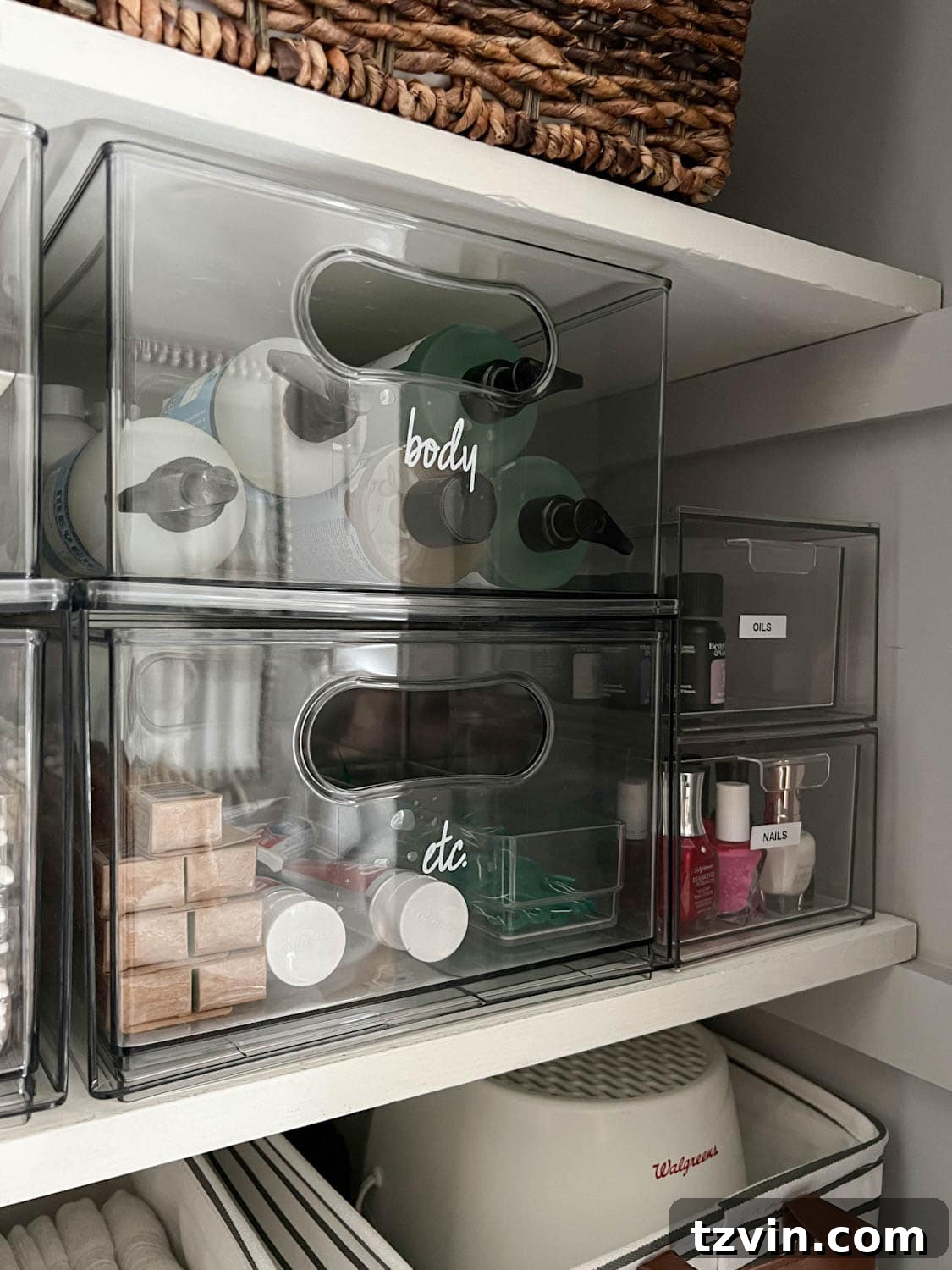 Flawless Bathroom Linen Closet Organization Ideas 7 clear storage bins with labels for bathroom supplies